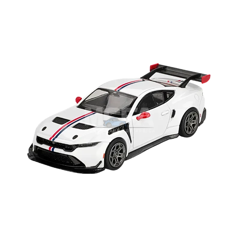 MINI GT Ford Mustang GTD Spirit of America 1:64 scale model car in white with red and blue graphics
